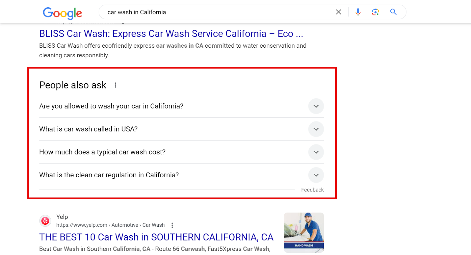 Google search results for car wash in California with related questions.