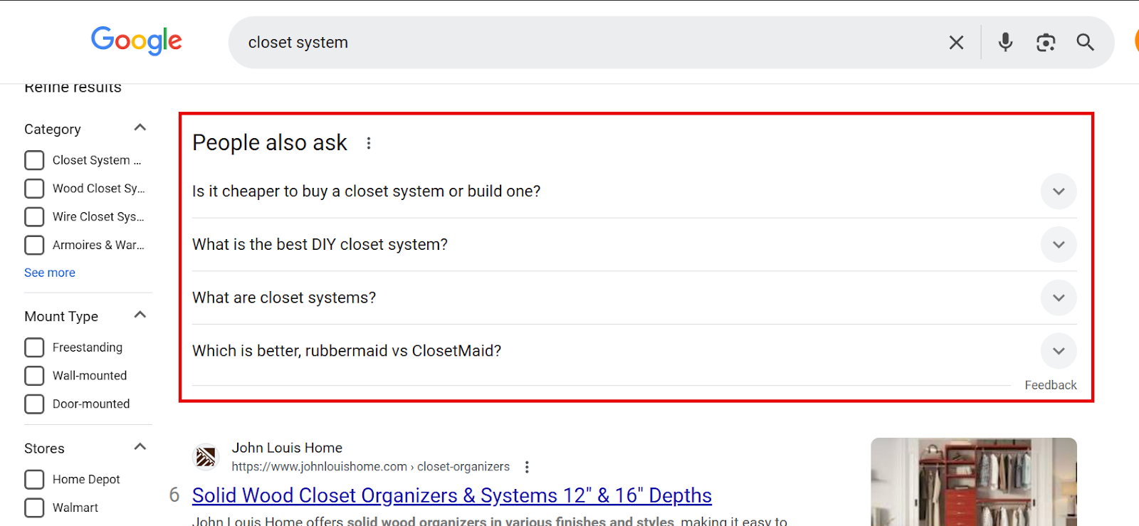 Google search results for closet systems with related questions.