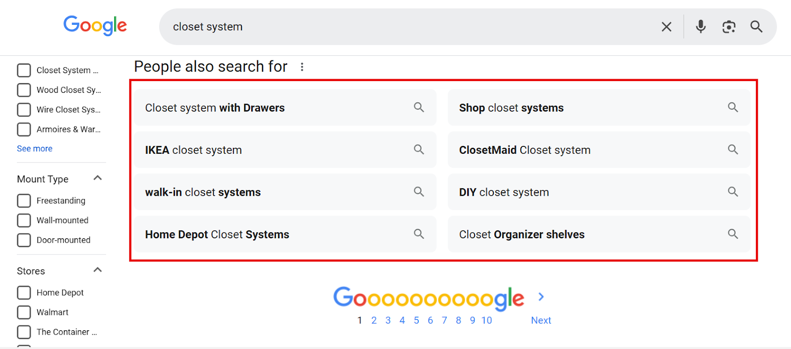 Google search results for closet systems with related search suggestions.