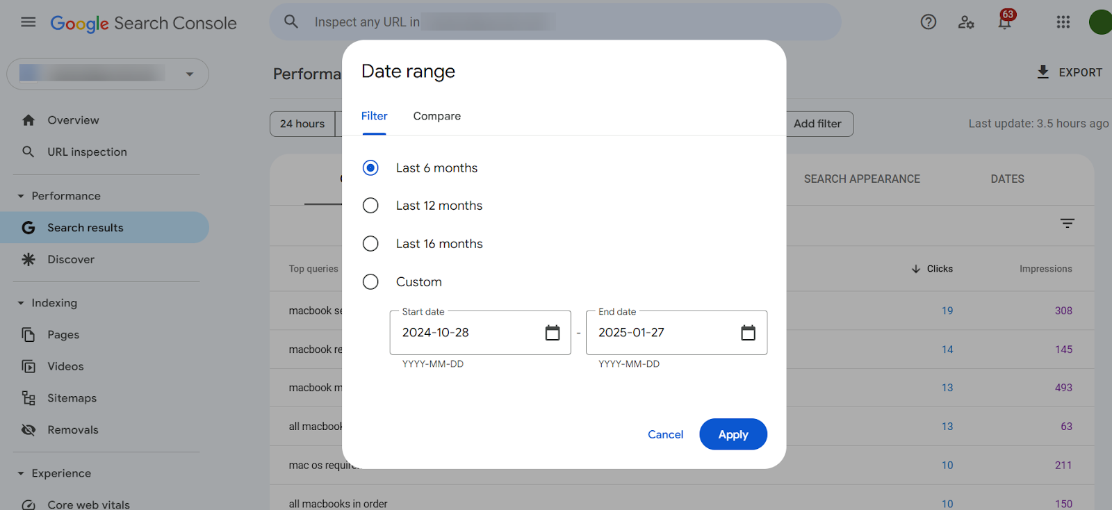 Date range filter options in Google Search Console dashboard.