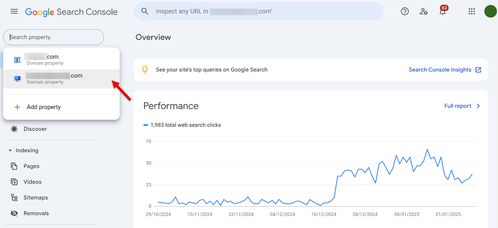 Google Search Console overview with domain property selection and performance graph