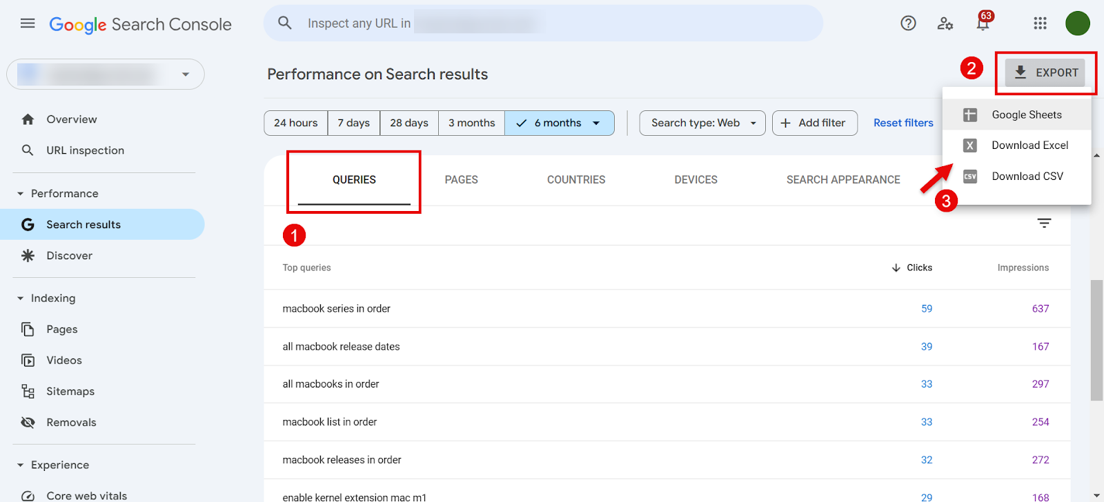 Google Search Console showing performance queries and export options.