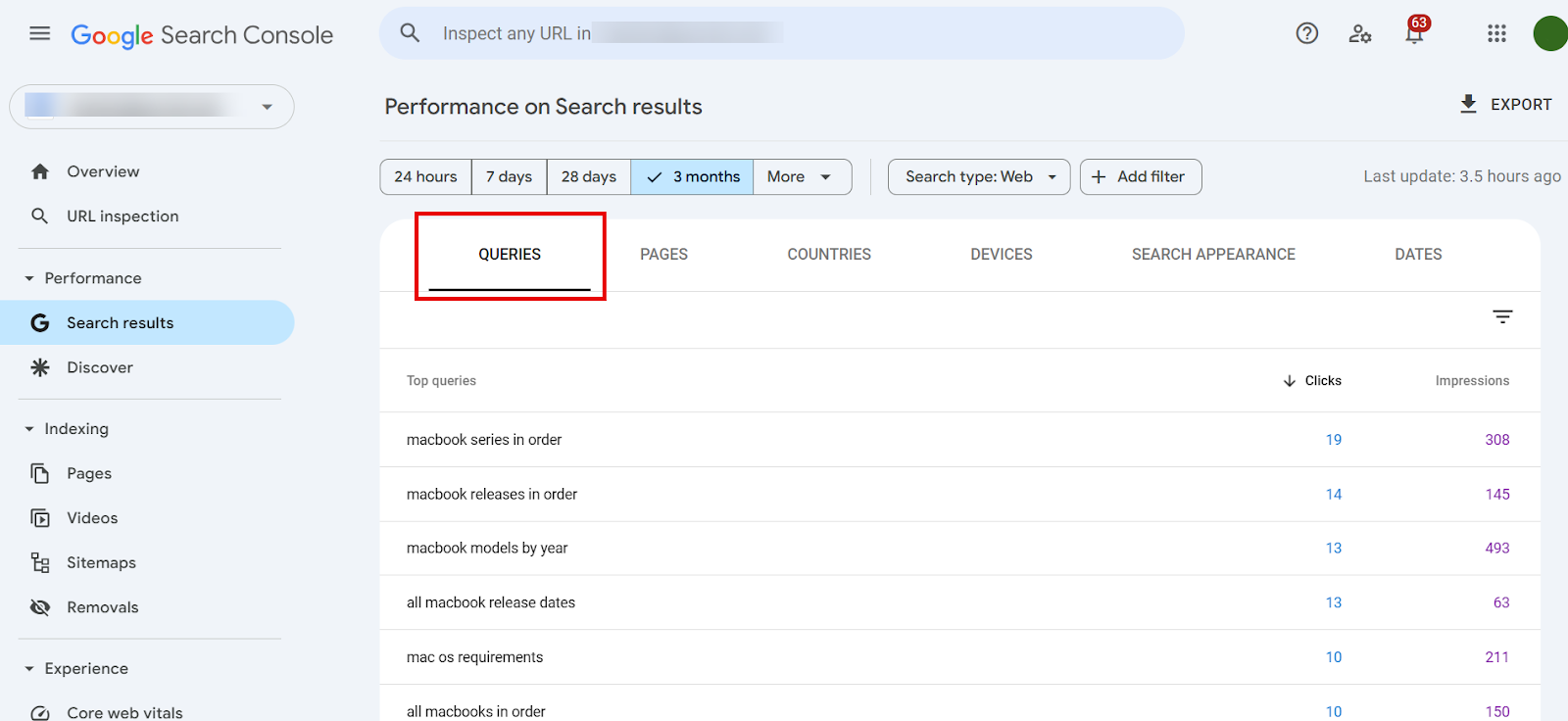 Google Search Console displaying performance queries over three months.