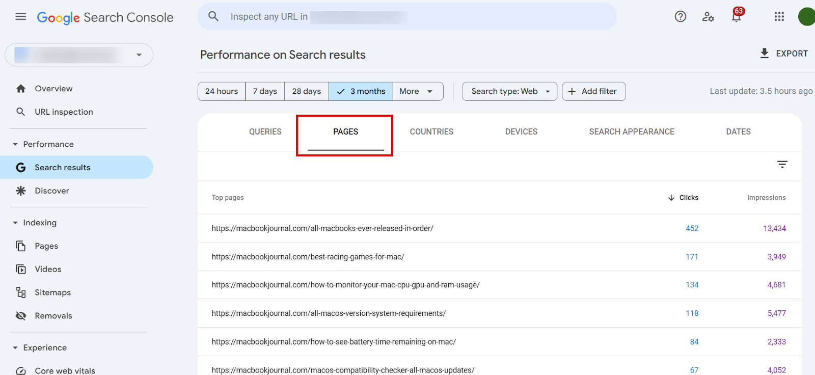 Google Search Console performance overview for search results over three months.