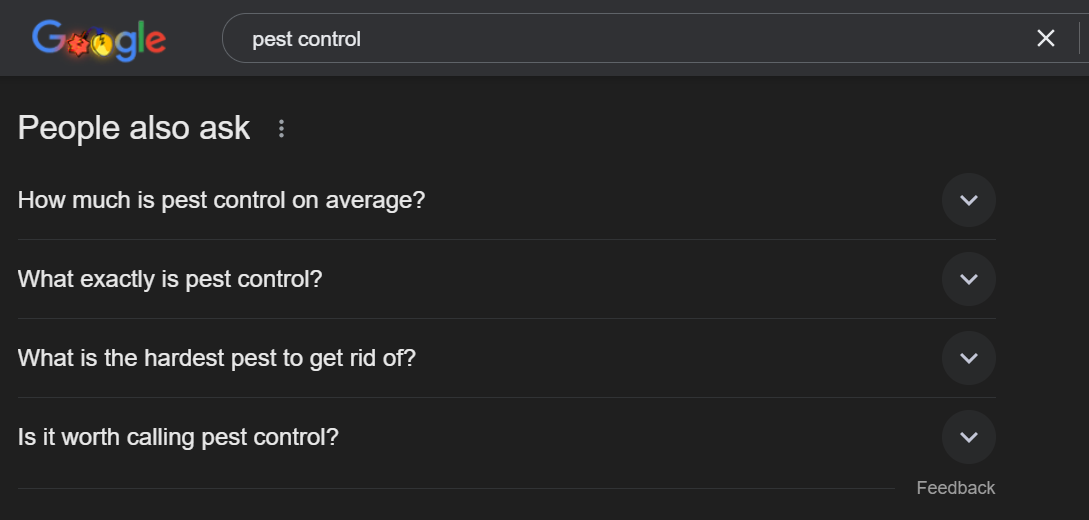 Google search results for pest control questions and answers.