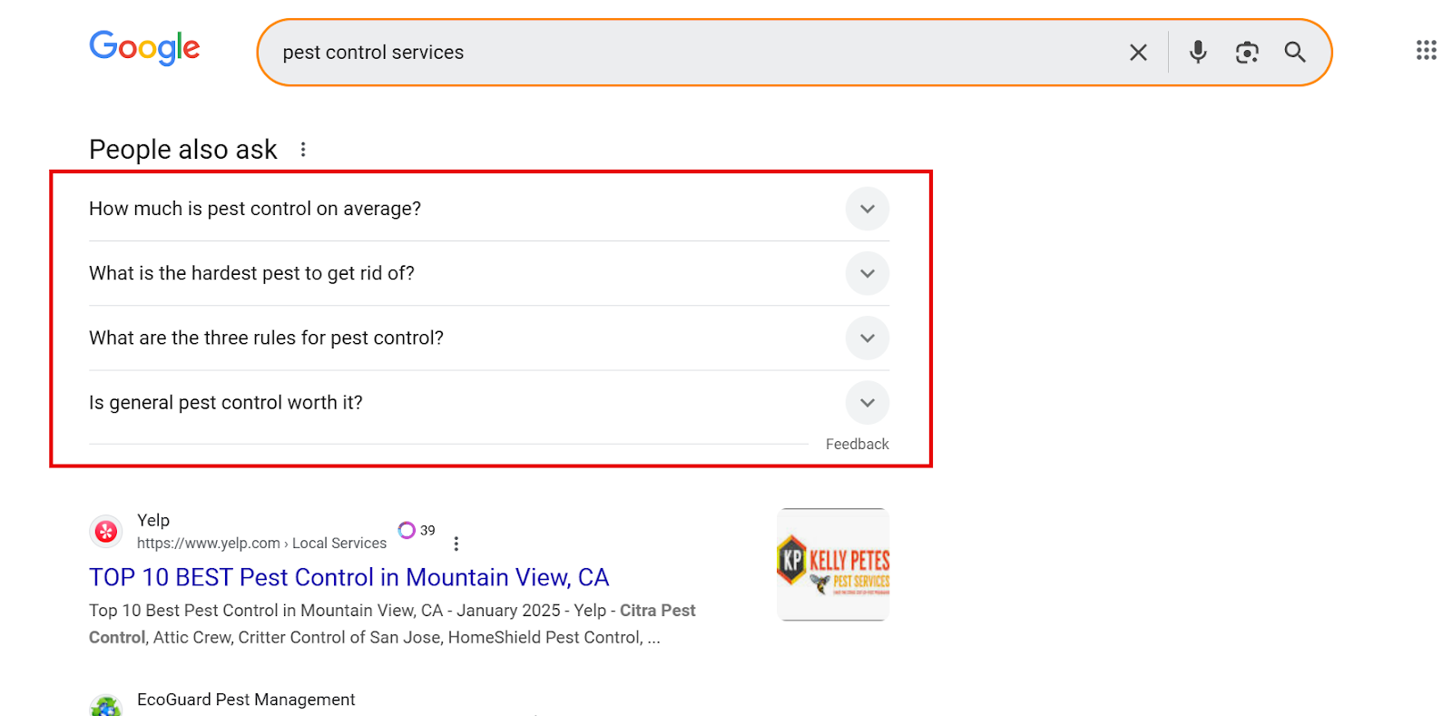 Google search results for pest control services and common related questions.