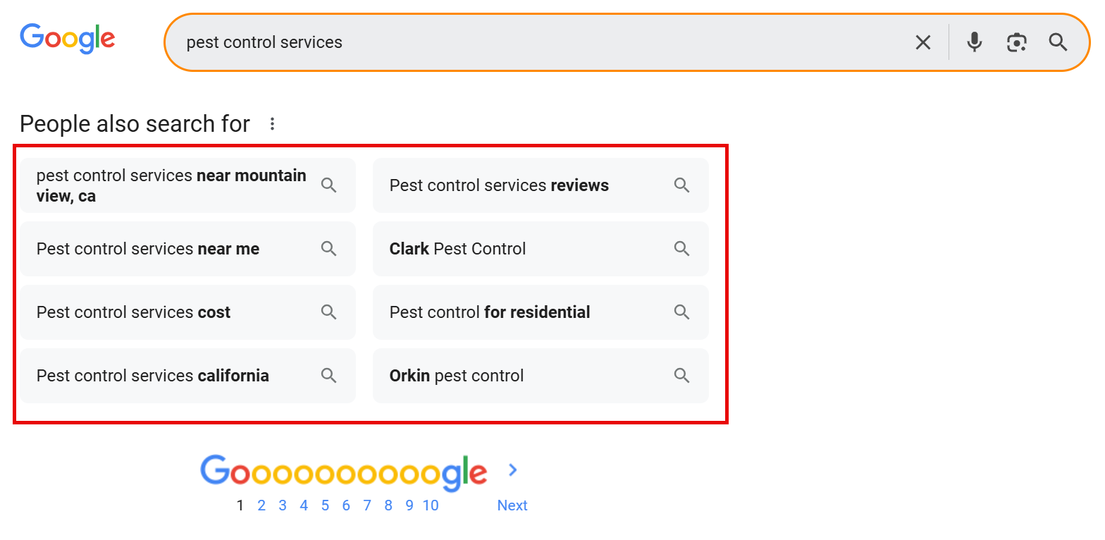 Google search suggestions for pest control services near Mountain View, CA.