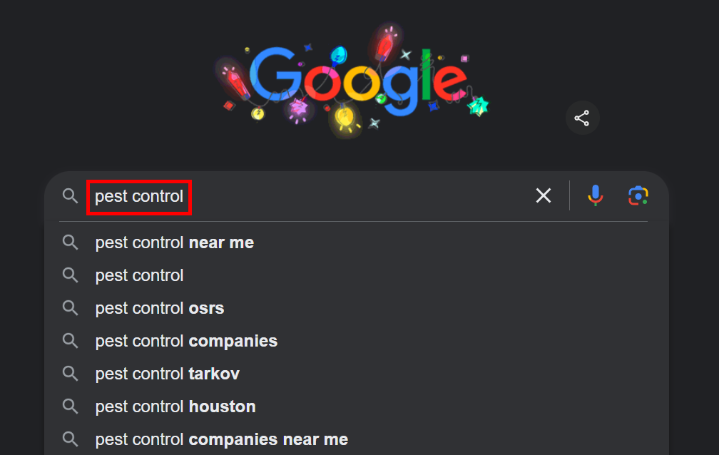 Search results for pest control on Google with suggestions