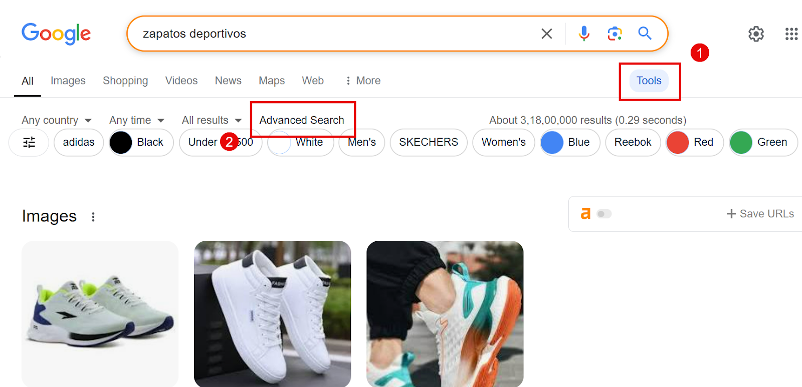 Google search results for sports shoes including filters for brand and color.