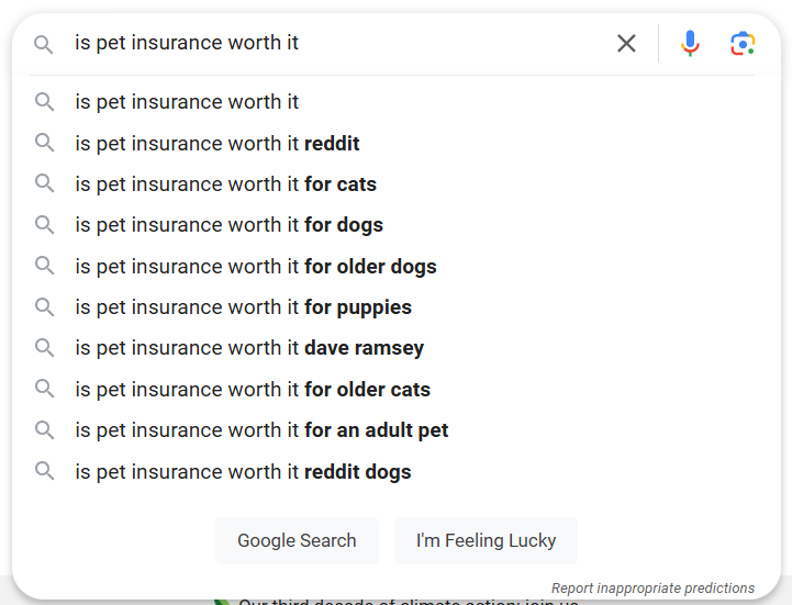 Google search suggestions for 'is pet insurance worth it'