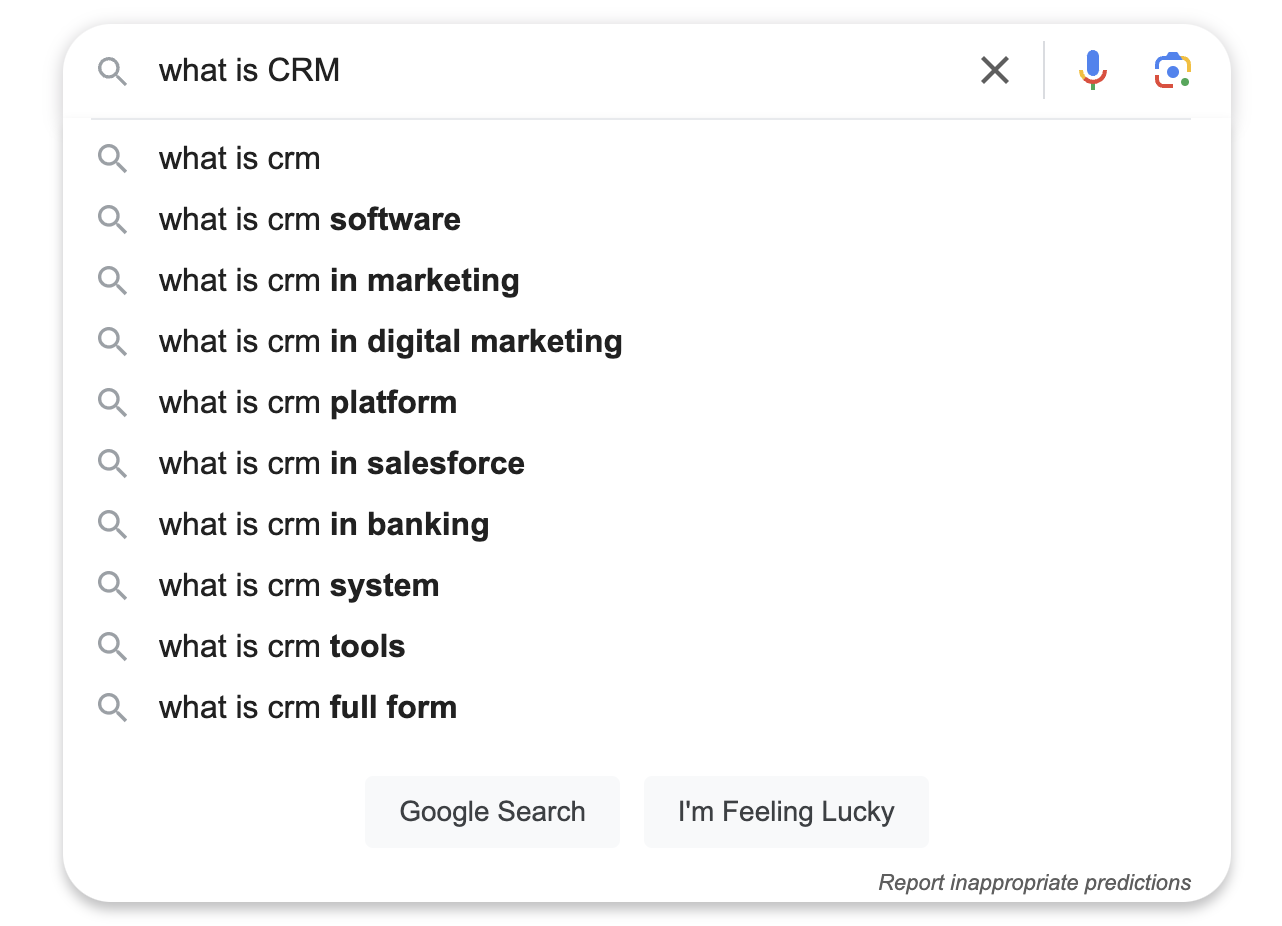 Google search suggestions for the query 'what is CRM'