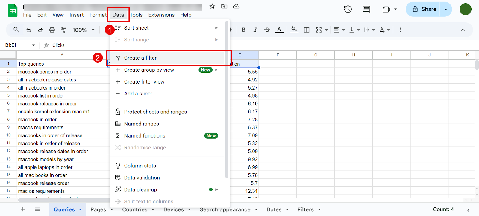 Google Sheets menu showing data options, including filter creation.