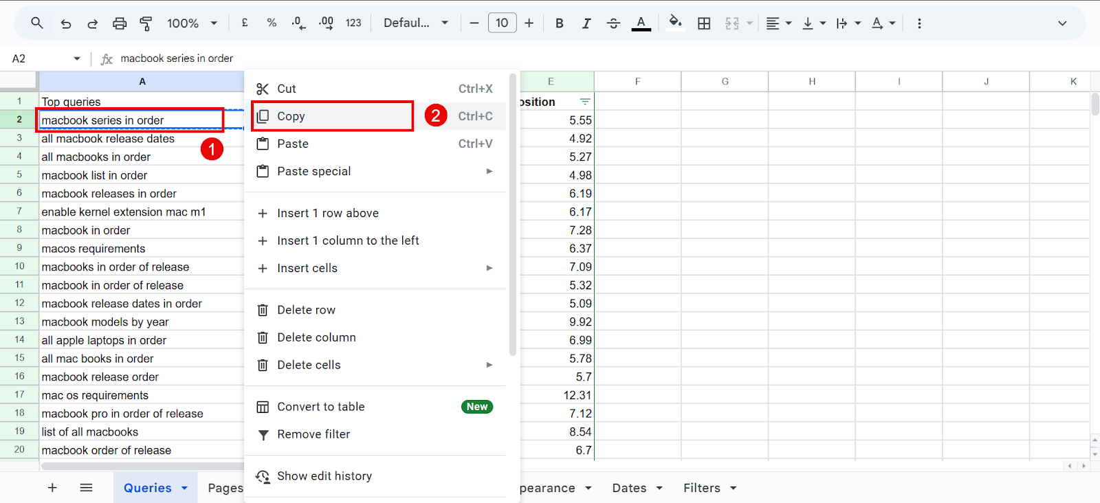 Google Sheets displaying MacBook series with query options and data table.