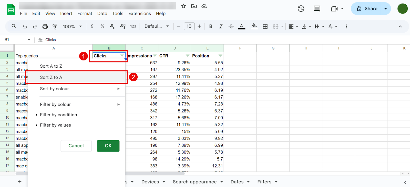 Sorting data in a Google Sheets document by clicks in descending order.