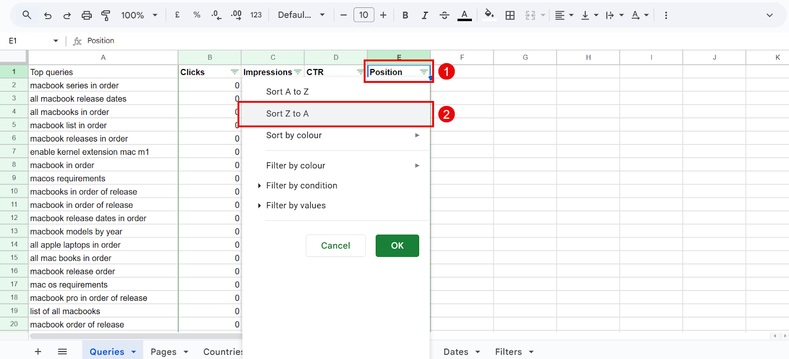 Google Sheets showing sorting options for queries in a spreadsheet.