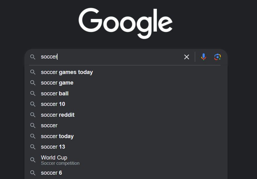 Google search suggestions for soccer including games and ball.