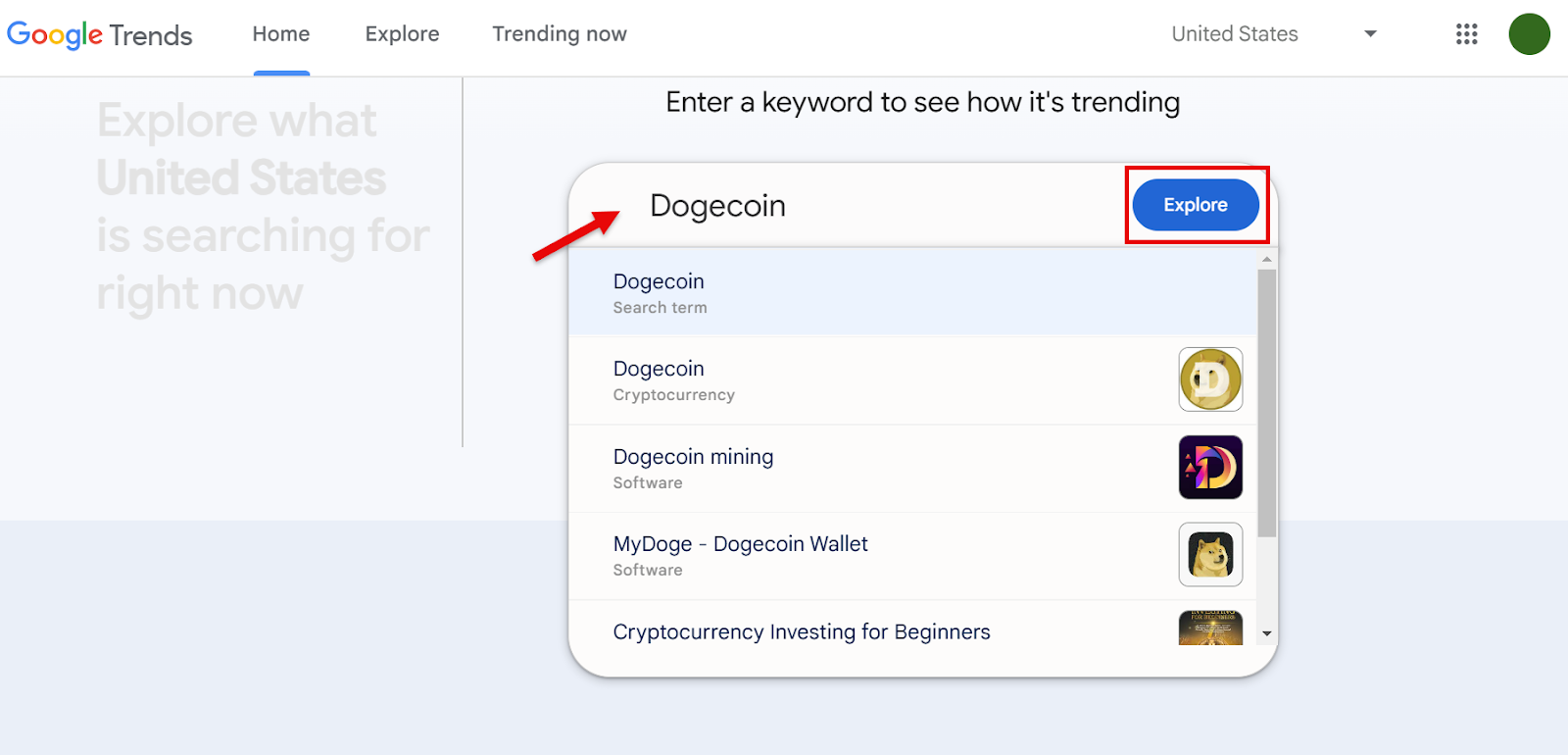 Screenshot of Google Trends highlighting Dogecoin and its search terms.