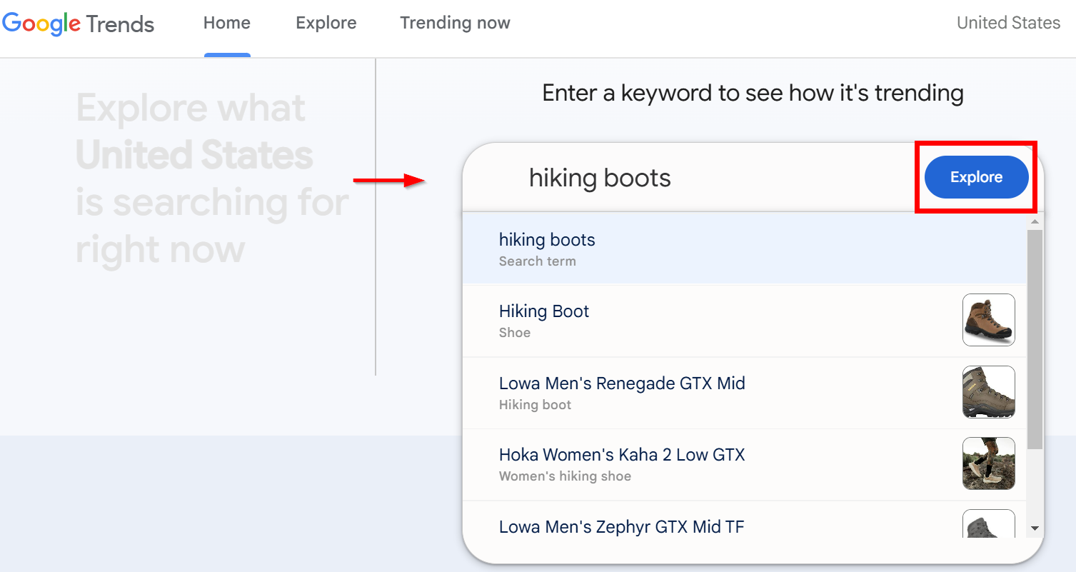 Google Trends search for hiking boots in the United States