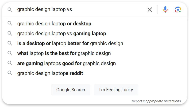 Search suggestions for graphic design laptop comparisons and recommendations.