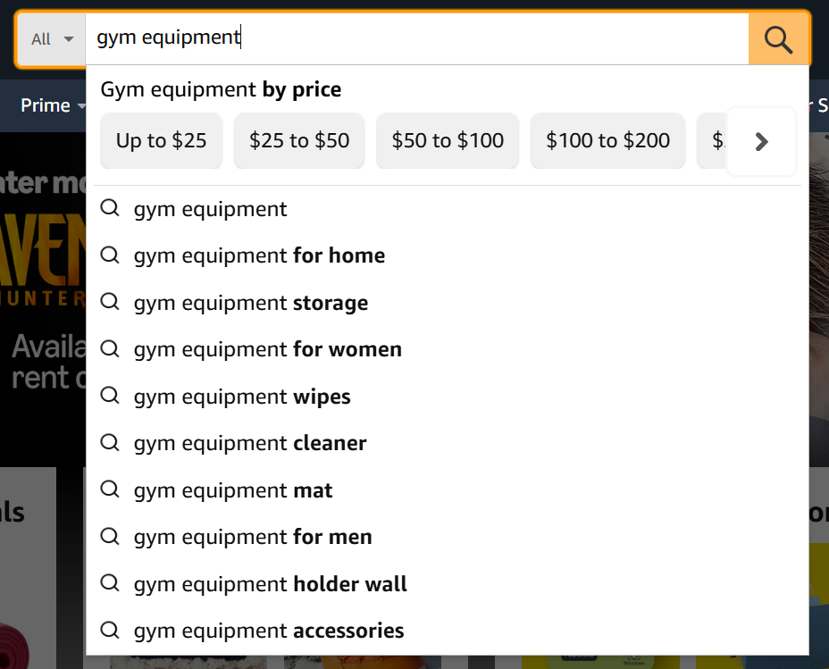 Search suggestions for gym equipment on an online store.