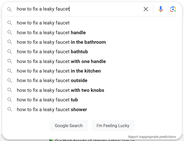 Google search suggestions for fixing a leaky faucet