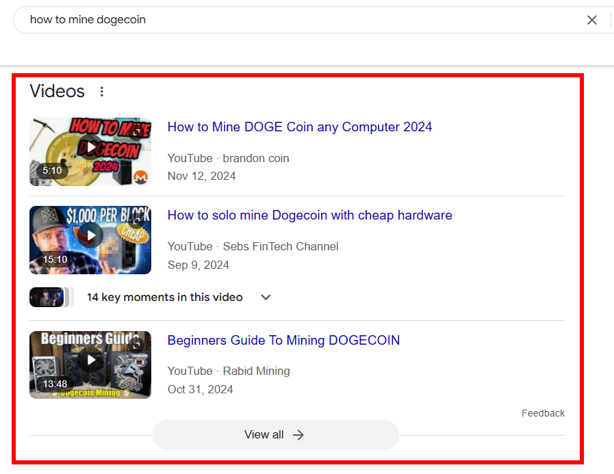 Video results for how to mine Dogecoin in 2024 with tips and guides.