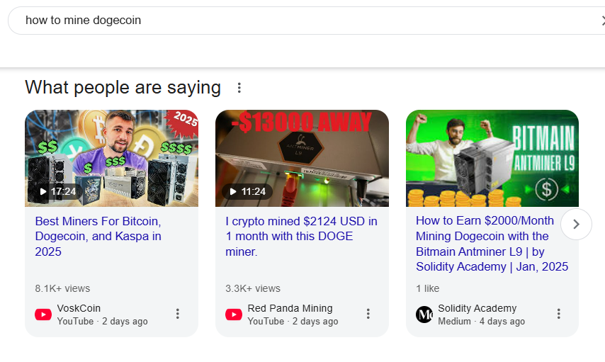 YouTube videos on mining Dogecoin and Bitcoin with different miners in 2025.