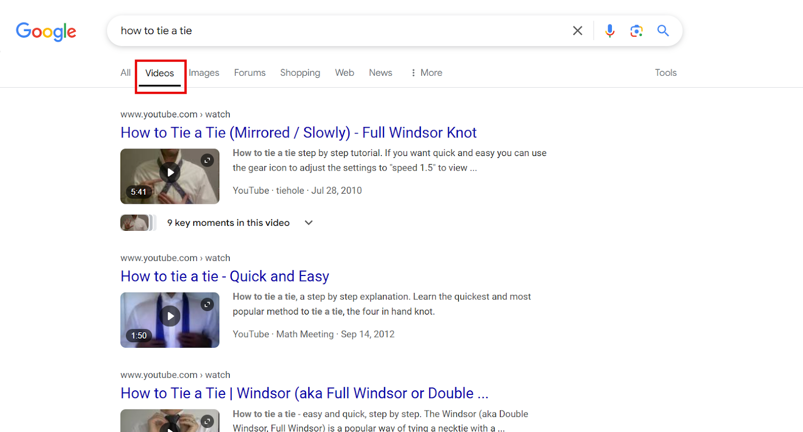 Search results for how to tie a tie on Google with video links.