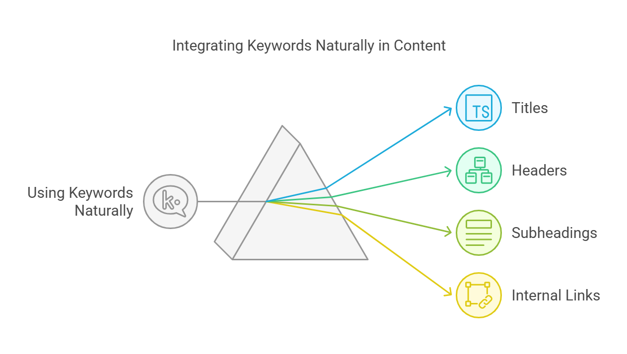 Diagram showing keyword integration in content with titles, headers, subheadings, and internal links.