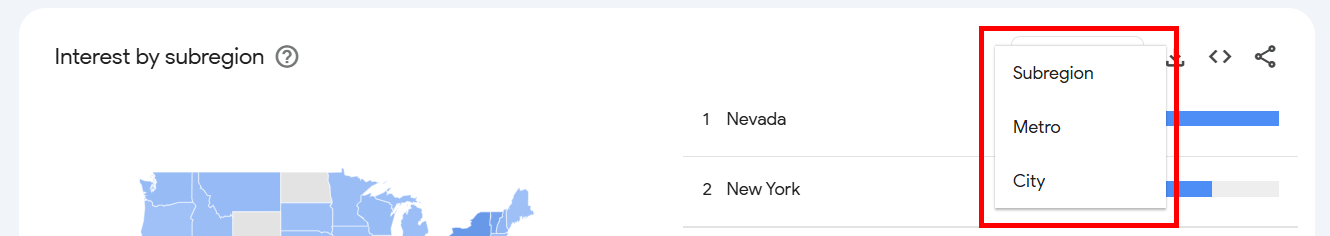 Map showing interest by subregion with Nevada and New York highlighted