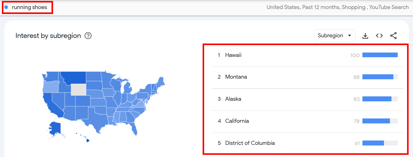 Map showing interest in running shoes by US subregion