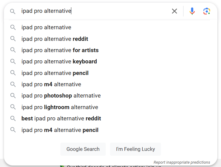 Google search suggestions for iPad Pro alternatives focusing on various tools and applications.