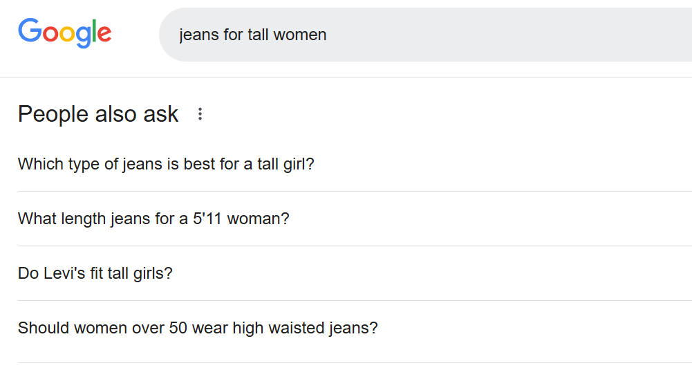 Google search results for jeans suitable for tall women.