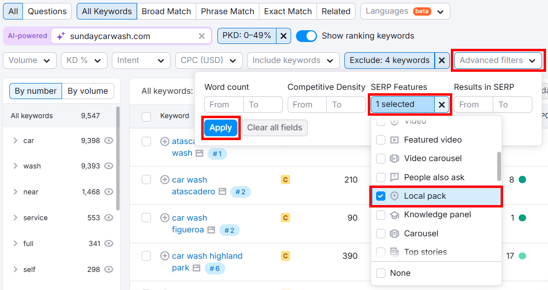 Keyword analysis tool displaying filters for local pack results and keyword statistics.