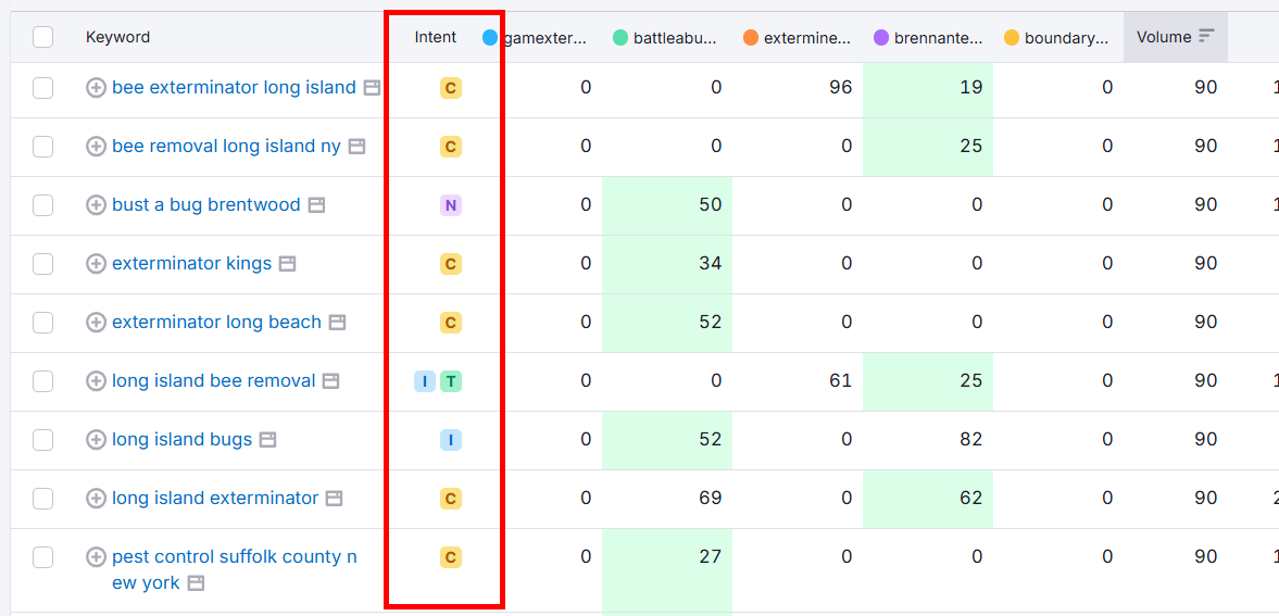 Keyword analysis table with intent indicators for pest control services in Long Island.