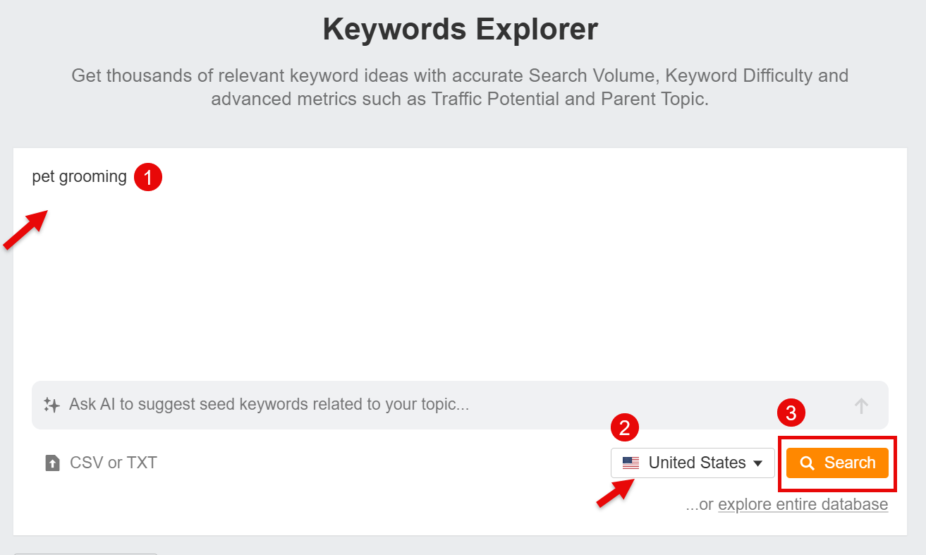 Keyword explorer interface for pet grooming search metrics