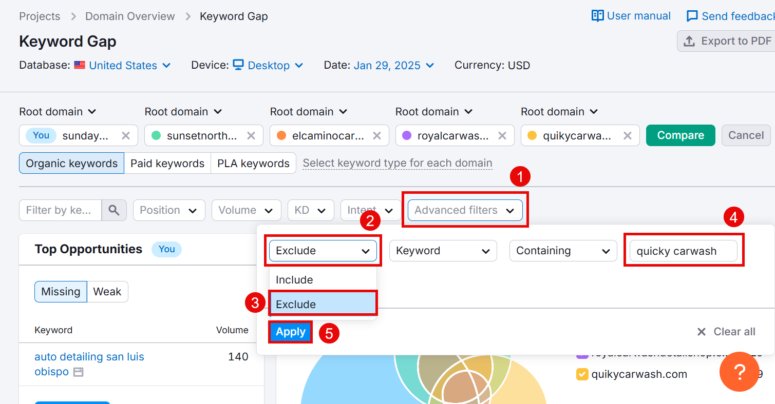 Keyword Gap analysis tool showing advanced filters for car wash keywords.