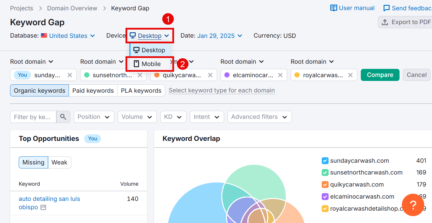 Keyword gap analysis interface showing desktop and mobile options in SEO tool.