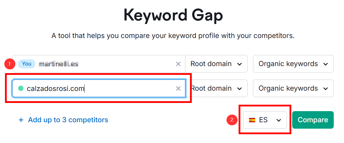 Keyword gap analysis tool for comparing domain metrics with competitors.