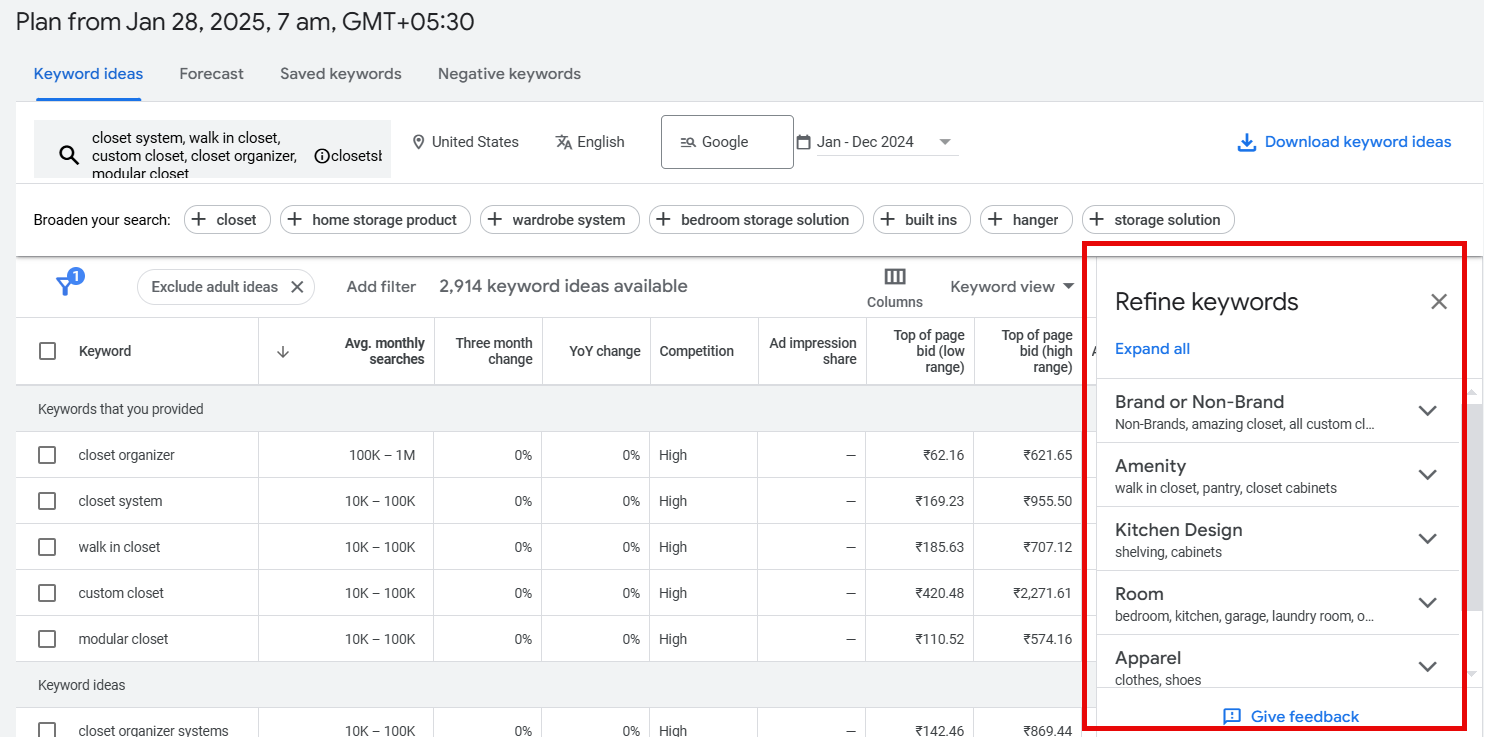 Keyword ideas for closet systems, organizers, and storage solutions in Google Ads.