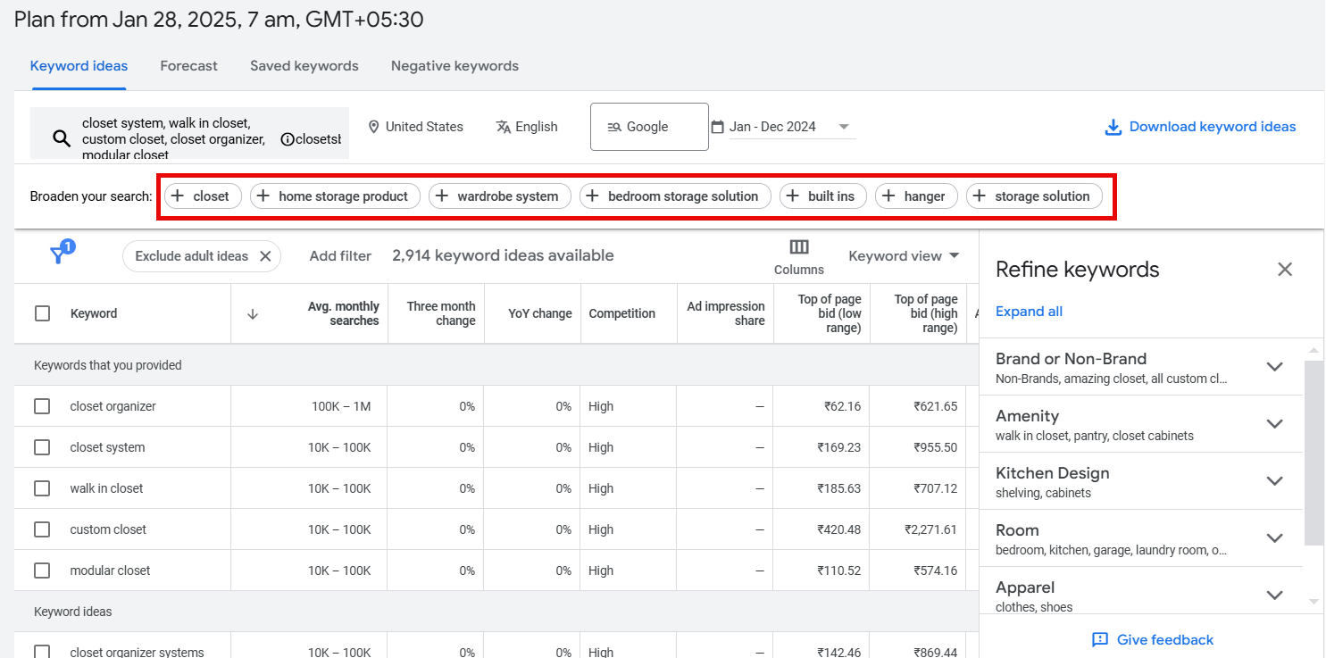 Keyword ideas for storage solutions like closets and organizers from a planning tool.