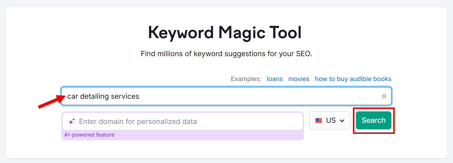 Keyword Magic Tool for car detailing services search