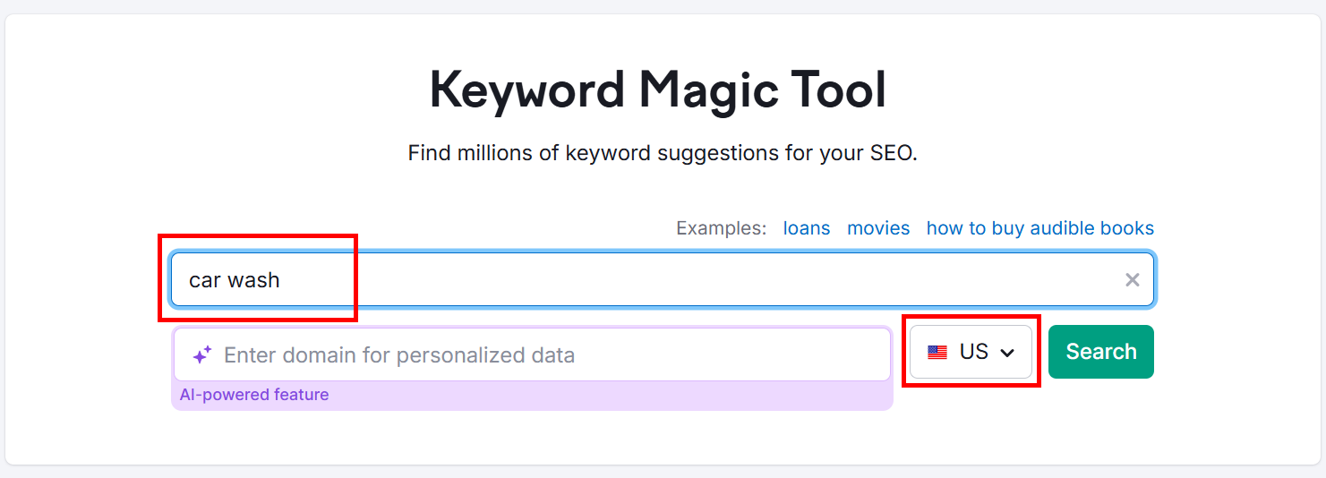 Keyword Magic Tool interface showing 'car wash' search bar.