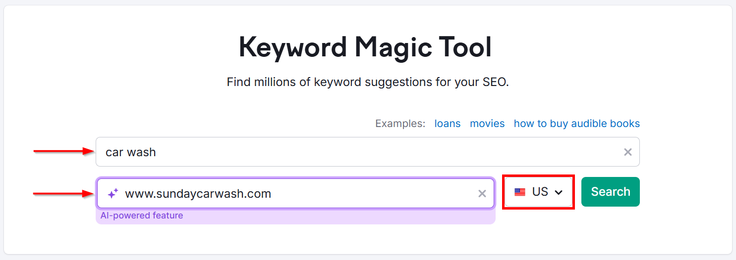 Keyword Magic Tool interface for searching car wash suggestions