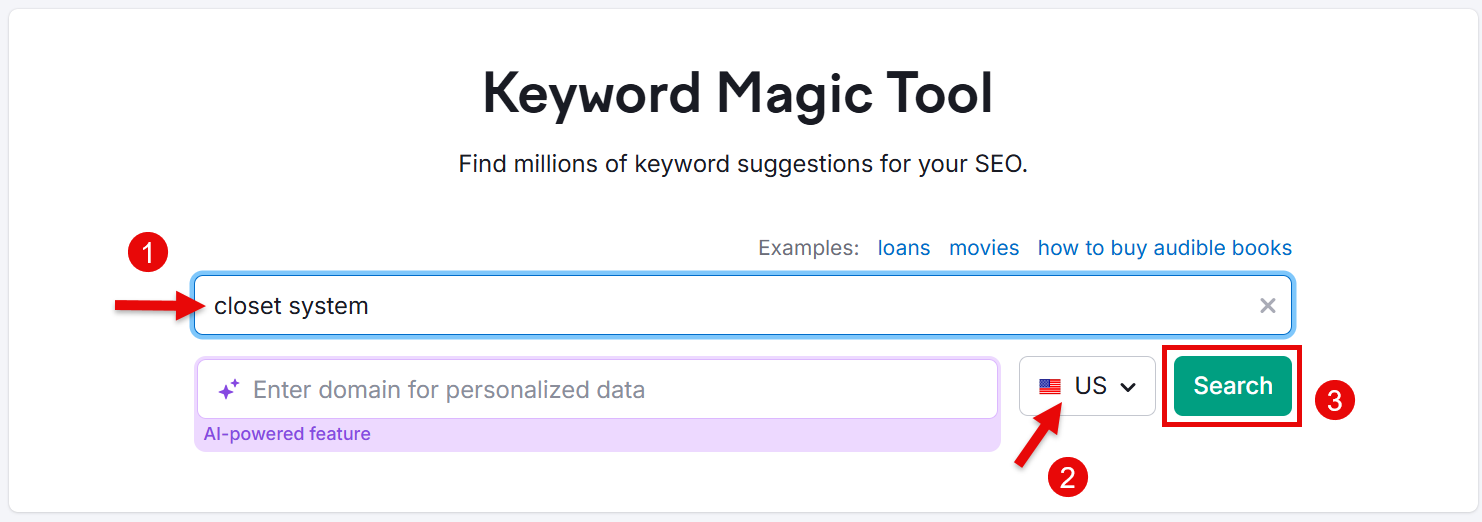 User entering 'closet system' in Keyword Magic Tool for SEO analysis.