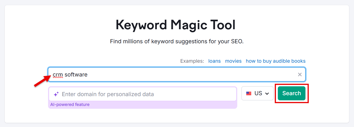 Keyword Magic Tool interface showing CRM software search input.