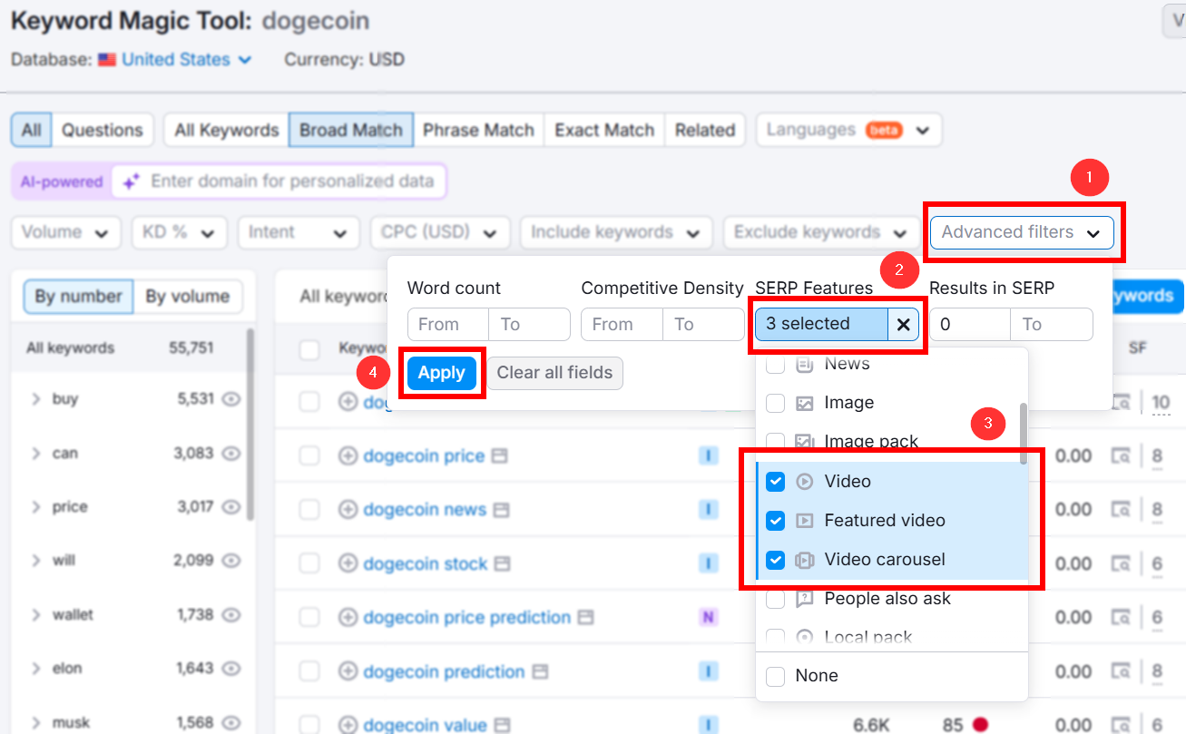 Keyword Magic Tool for dogecoin with advanced filters applied