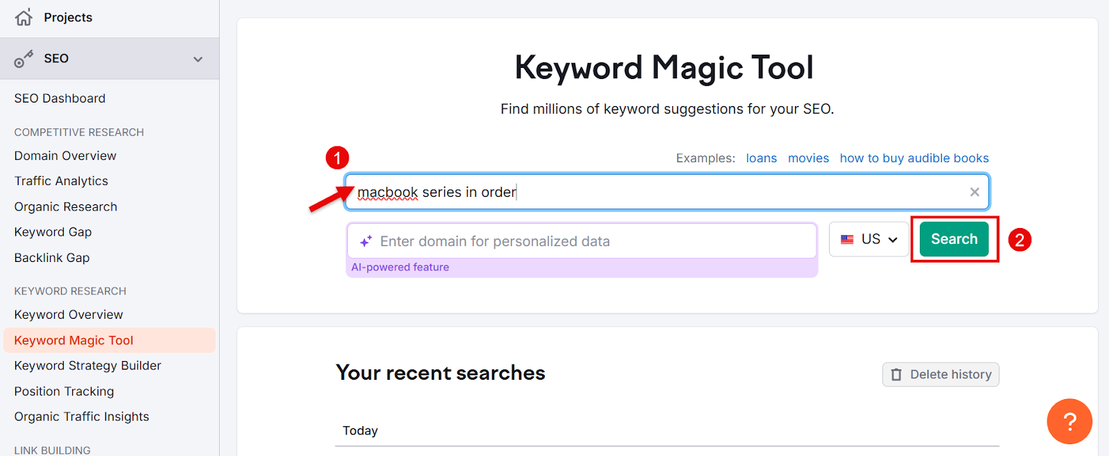 Using the Keyword Magic Tool to find keywords for MacBook series searches.