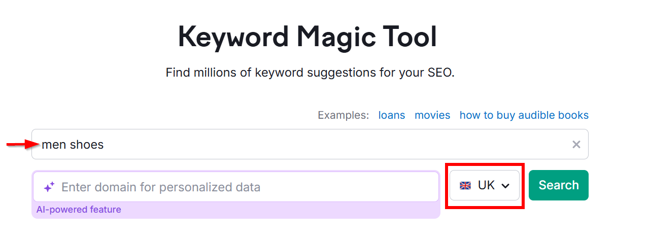 Keyword Magic Tool interface showing men's shoes search bar and personalized data entry