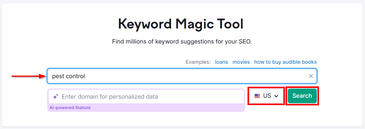 Keyword Magic Tool interface showcasing pest control search feature.